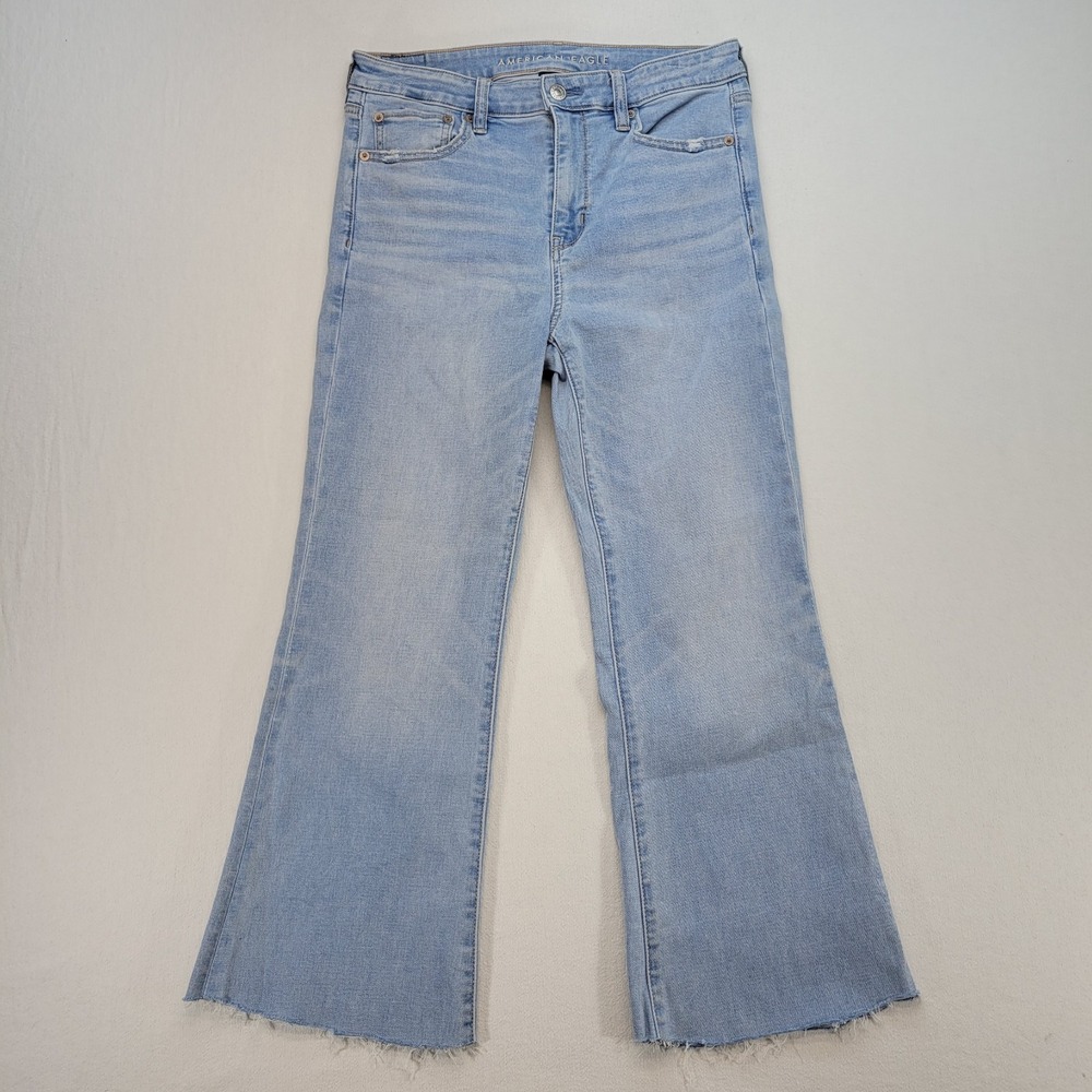 American Eagle Jeans Women 8 Blue Crop Super High Rise Flare Stretch Denim
